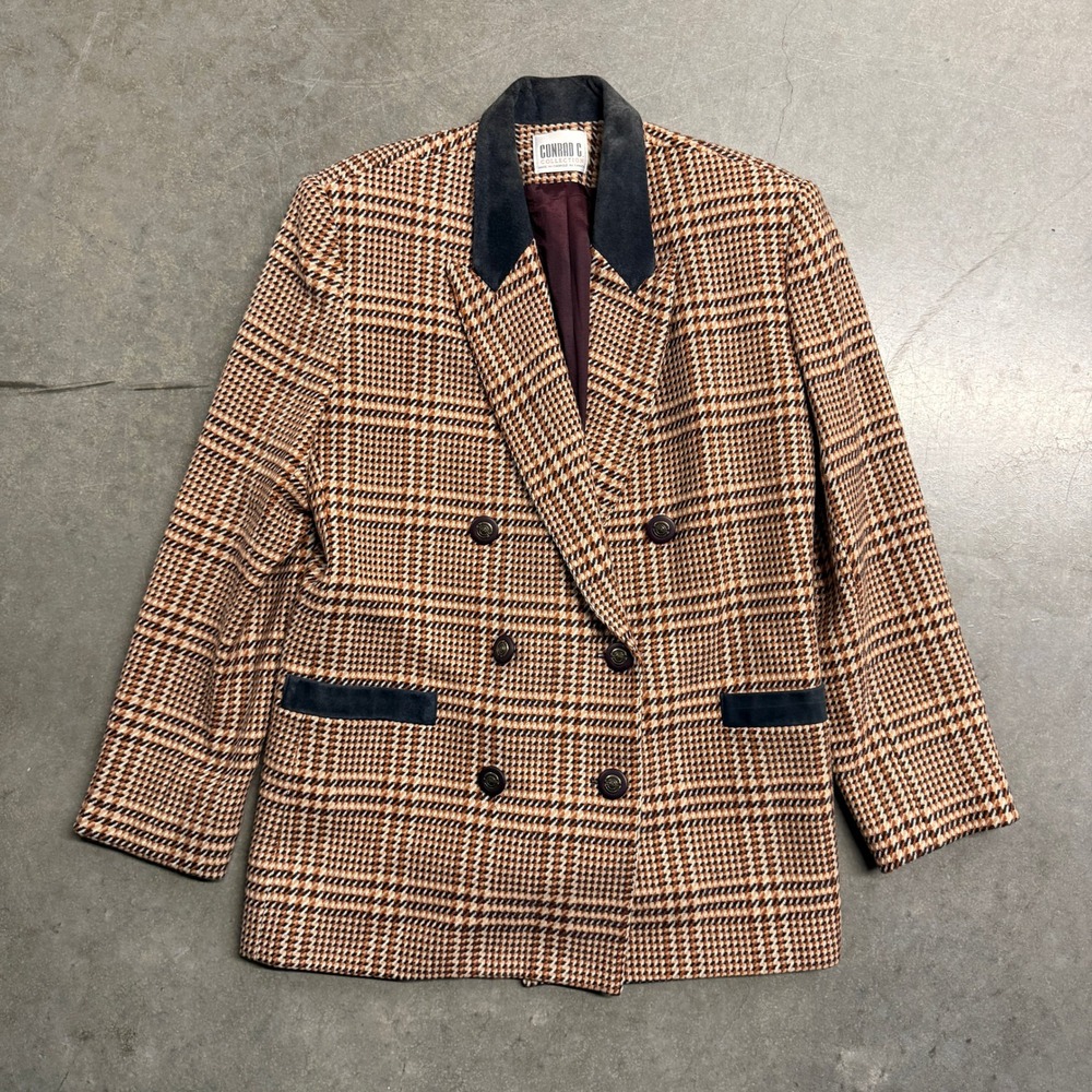Conrad C Collection 100% Virgin Wool Houndstooth Double Breasted Blazer Brown 10